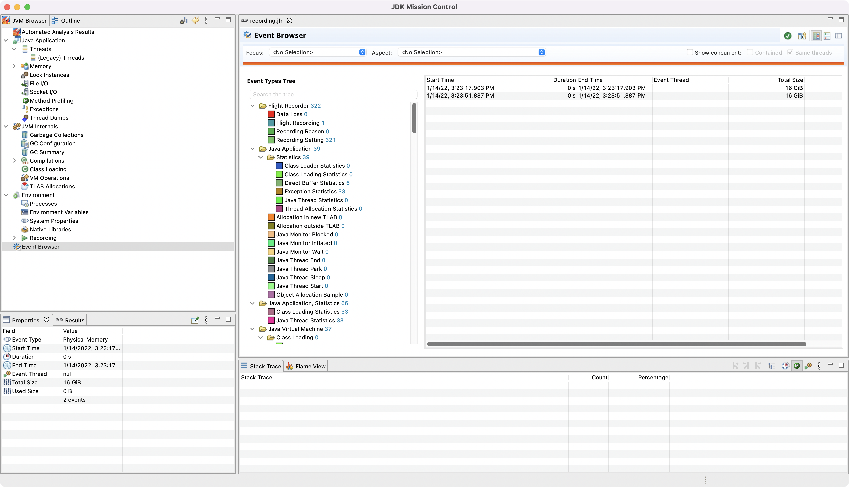 JFR recording in JDK Mission Control